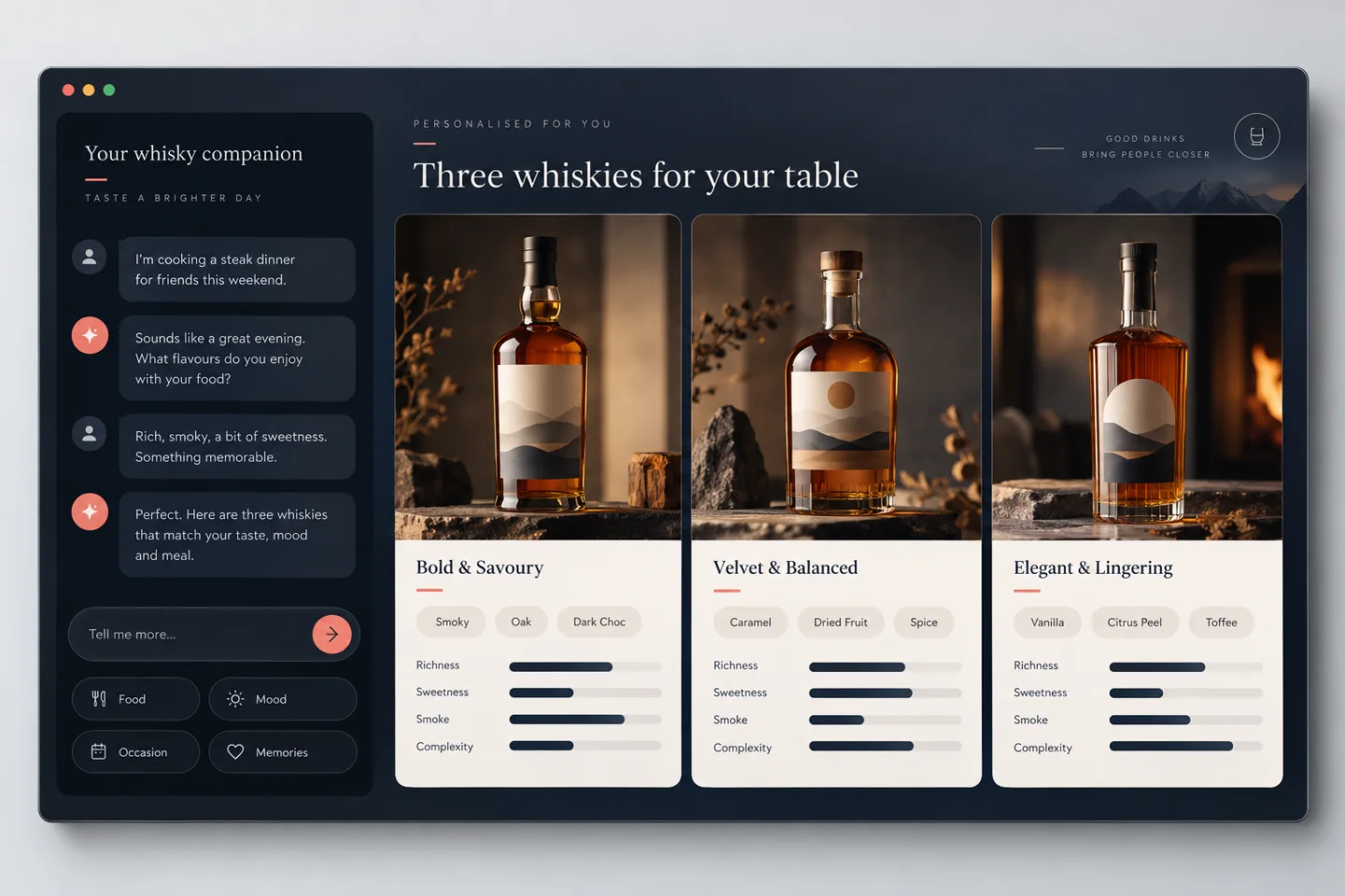 AI whisky recommender interface with a conversation and three personalised bottle suggestions